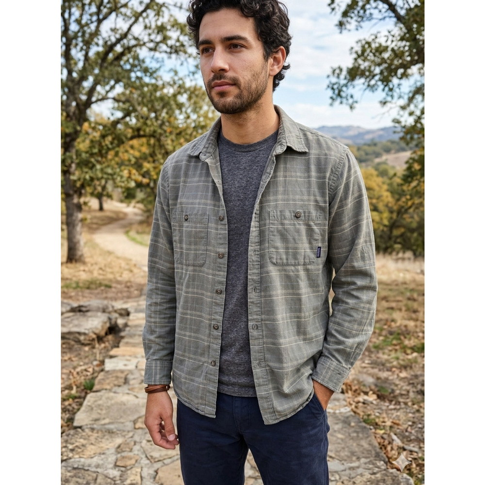 Patagonia Men's Small Gray Plaid Organic Cotton Long Sleeve Button Down Shirt